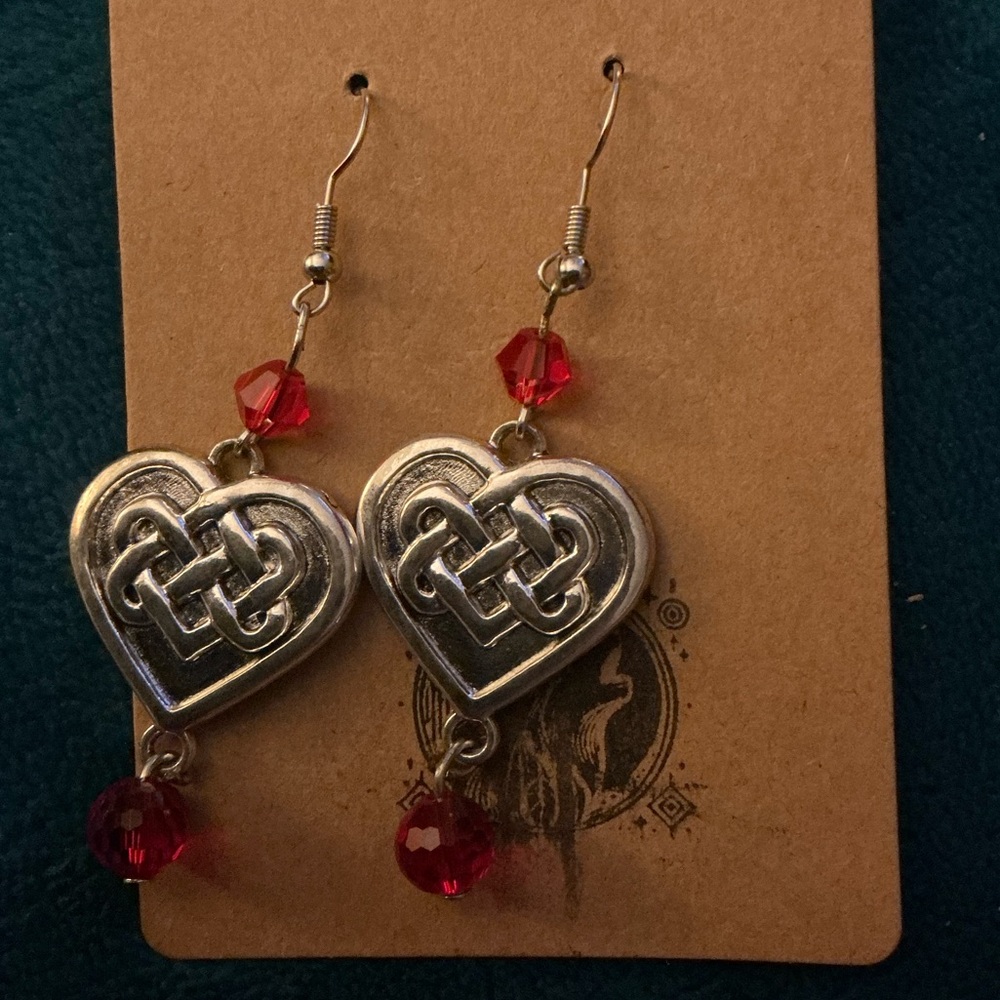 Heart-Shaped Celtic knot Silver and Red Earrings
